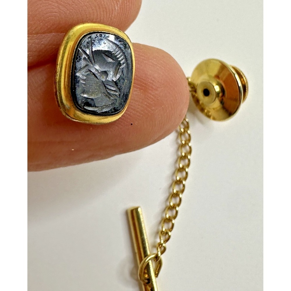 DB 14/20 Gold Filled Tie Tack Greek Warrior  Hematite Carved With Chain